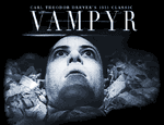 Vampyr logo from the website housing information about this project. SHows a man in a coffin, just the head, peering up and out of the coffin. Black and white - very eery.